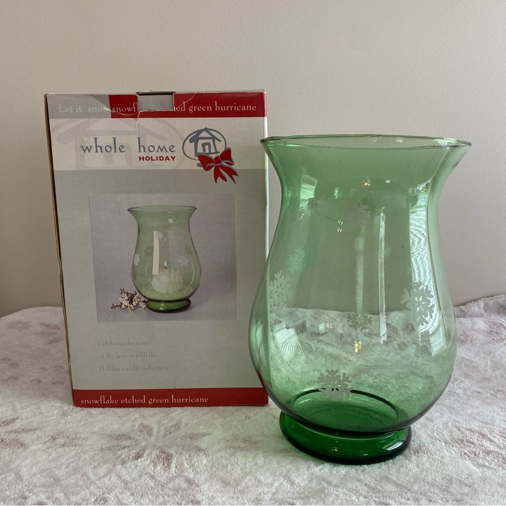 Whole Home Holiday Vintage Green Christmas Hurricane With Etched Snowflakes